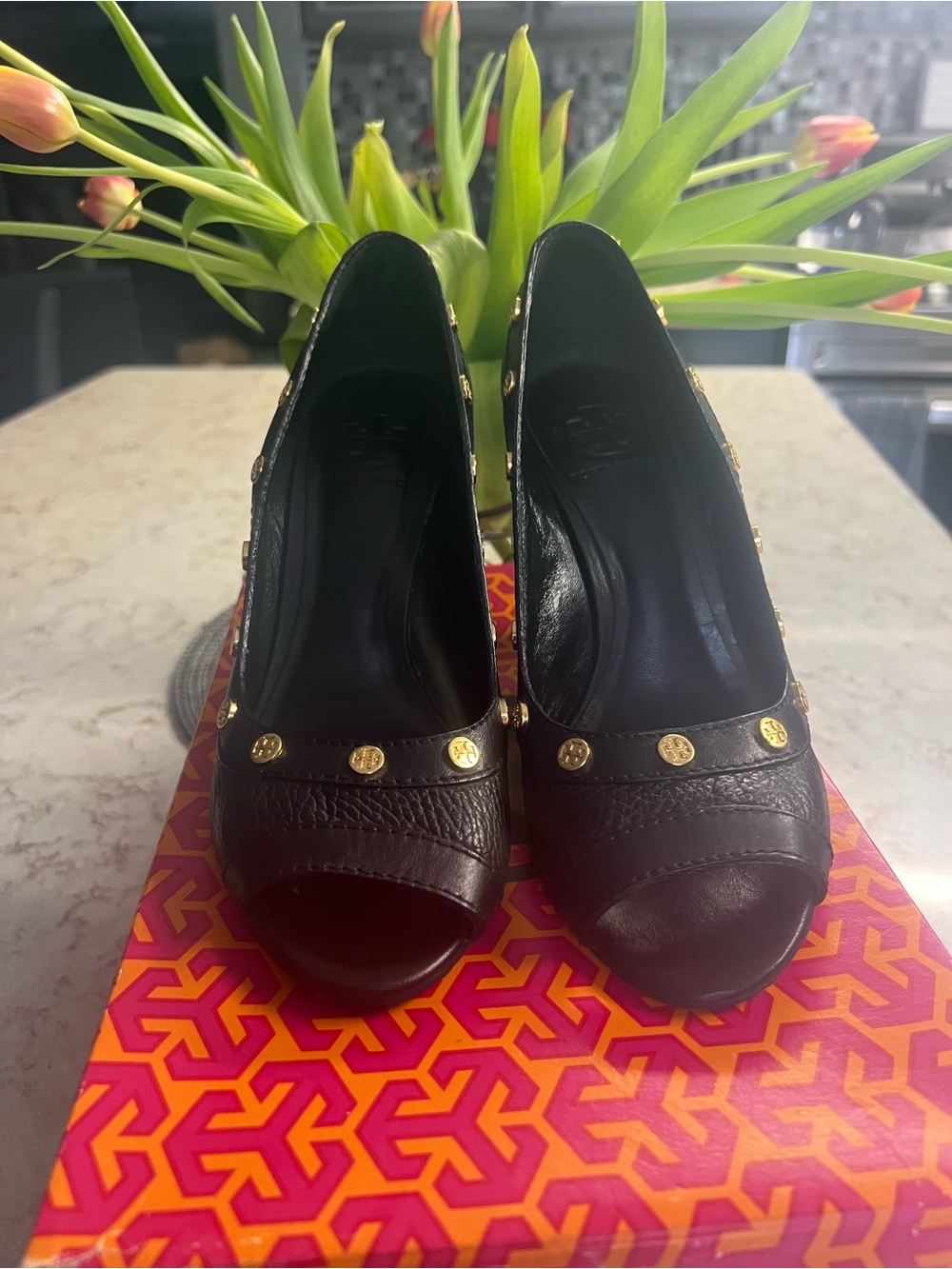 Tory Burch Black Peep-Toe Heels with Gold Studs